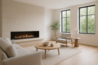 Salon moderne avec cheminée linéaire et décoration scandinave
