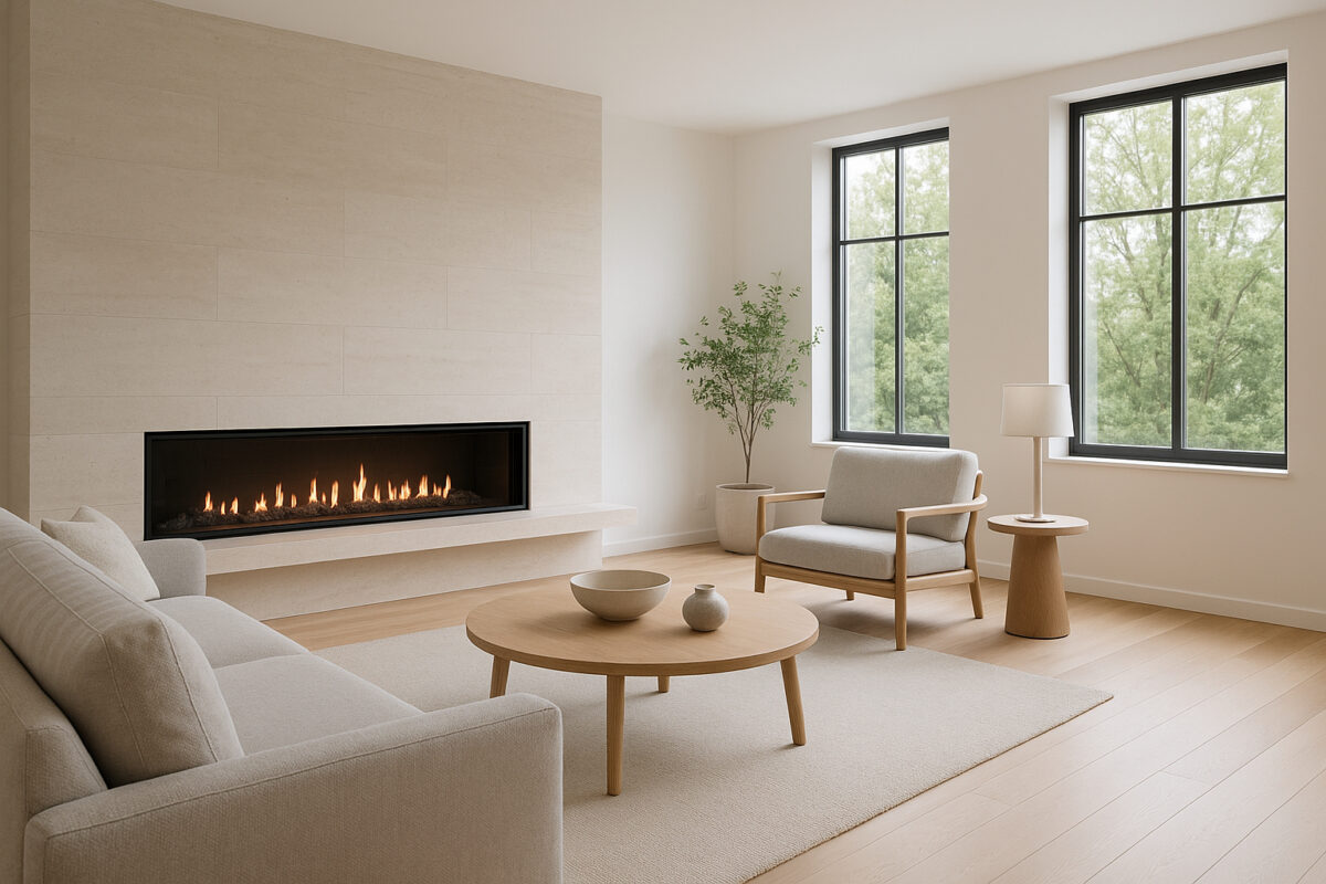 Salon moderne avec cheminée linéaire et décoration scandinave
