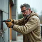 Technicien appliquant une résine de scellement chimique dans un mur en béton extérieur pour fixer une vis de structure