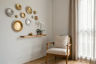 Coin salon décoré selon les principes Feng Shui avec des couleurs blanches et métalliques pour activer le secteur Ouest