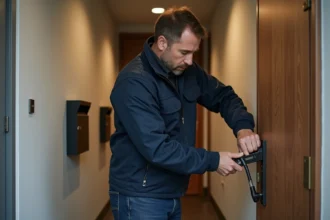 Serrurier homme utilisant des outils sur une porte moderne à Paris