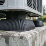 Gros plan sur un silent bloc en caoutchouc antivibratoire installé sous une pompe à chaleur extérieure sur socle en béton