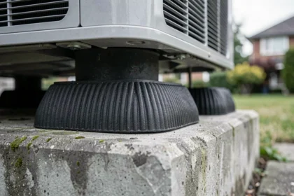 Gros plan sur un silent bloc en caoutchouc antivibratoire installé sous une pompe à chaleur extérieure sur socle en béton