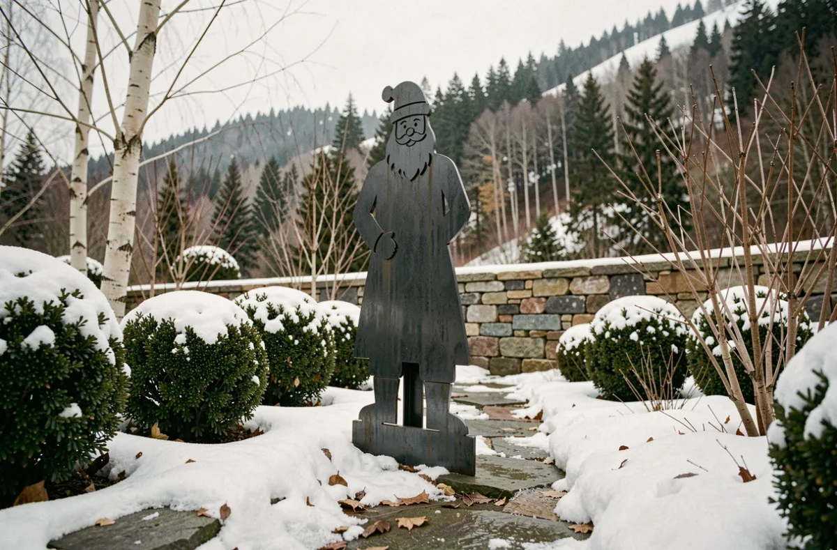 Silhouette de père Noël en métal découpé dans un jardin de montagne avec topiaires enneigés et chemin en pierre