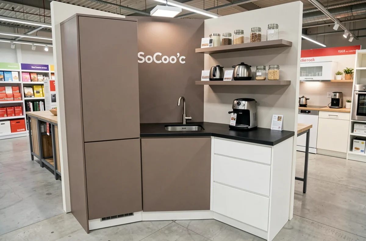 Cuisine SoCoo'c taupe mat et blanc exposée dans le magasin de Caen avec plan de travail stratifié noir