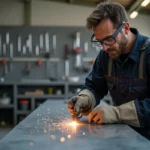Homme en overalls et lunettes de sécurité effectuant une soudure dans un atelier
