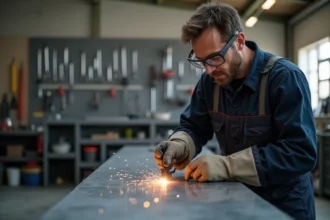 Homme en overalls et lunettes de sécurité effectuant une soudure dans un atelier