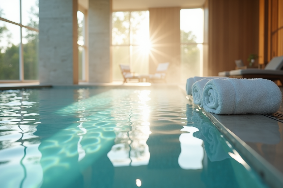 Spa intérieur moderne avec eau invitante et serviettes blanches