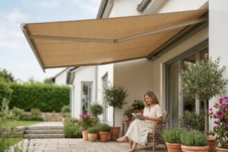 Store banne beige déployé sur une terrasse en bois d'une maison moderne, femme qui lit sous l'ombre protectrice en été
