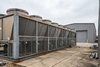 Système de refroidissement à sec industriel avec échangeurs à ailettes et ventilateurs installé sur dalle béton en extérieur d'usine