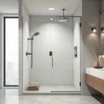 Douche à l'italienne de taille standard avec carrelage blanc et paroi en verre dans une salle de bain moderne