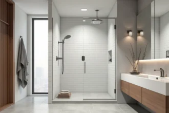 Douche à l'italienne de taille standard avec carrelage blanc et paroi en verre dans une salle de bain moderne