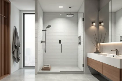 Douche à l'italienne de taille standard avec carrelage blanc et paroi en verre dans une salle de bain moderne