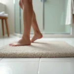 Tapis de bain en diatomite posé sur carrelage blanc dans une salle de bain moderne avec pieds nus dessus