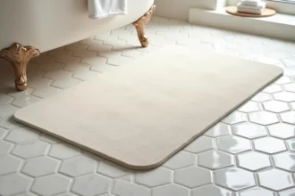 Tapis de bain en diatomite posé sur un carrelage blanc dans une salle de bain épurée, texture poreuse apparente