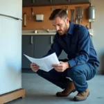 Technicien électroménager consultant la notice constructeur d'un réfrigérateur couché sur le côté dans un garage
