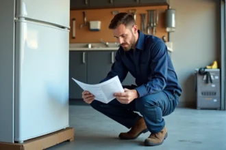 Technicien électroménager consultant la notice constructeur d'un réfrigérateur couché sur le côté dans un garage
