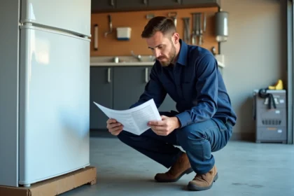 Technicien électroménager consultant la notice constructeur d'un réfrigérateur couché sur le côté dans un garage