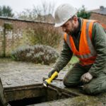 Technicien en assainissement inspectant une fosse septique ouverte dans un jardin résidentiel à Mons