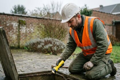 Technicien en assainissement inspectant une fosse septique ouverte dans un jardin résidentiel à Mons
