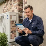 Technicien HVAC installant une pompe à chaleur air-air sur la façade d'une maison individuelle française