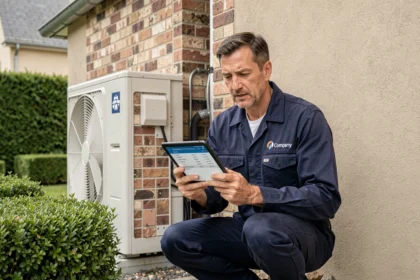 Technicien HVAC installant une pompe à chaleur air-air sur la façade d'une maison individuelle française