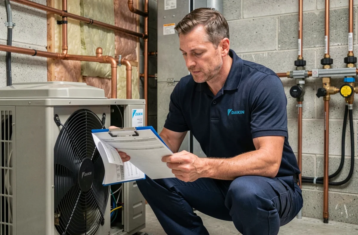 Technicien en train d'installer et dimensionner une pompe à chaleur Daikin dans une chaufferie résidentielle