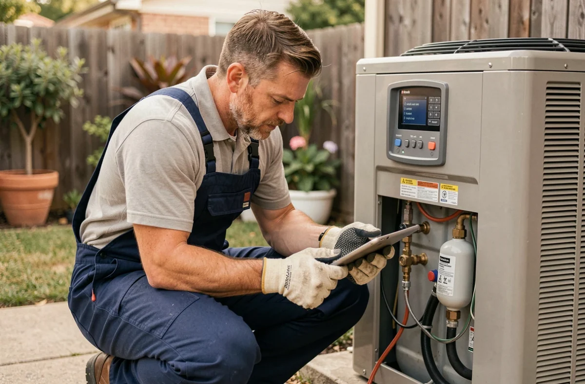 Technicien HVAC en train d'effectuer la maintenance d'une pompe à chaleur monobloc dans un jardin résidentiel
