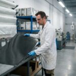 Technicien manipulant un panneau en fibre de carbone composite dans un atelier industriel spécialisé en matériaux composites
