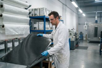 Technicien manipulant un panneau en fibre de carbone composite dans un atelier industriel spécialisé en matériaux composites