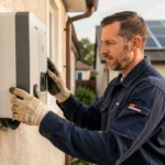 Technicien inspectant un onduleur solaire installé sur le mur extérieur d'une maison résidentielle avec panneaux photovoltaïques en toiture