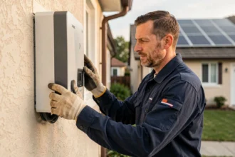 Technicien inspectant un onduleur solaire installé sur le mur extérieur d'une maison résidentielle avec panneaux photovoltaïques en toiture