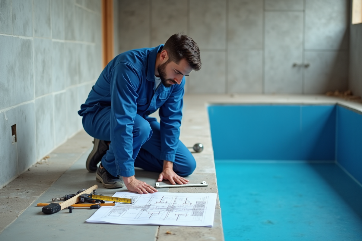 Technicien de piscine vérifiant la profondeur en intérieur