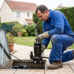 Technicien en overalls bleus inspectant une pompe dans un jardin
