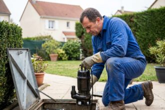 Technicien en overalls bleus inspectant une pompe dans un jardin