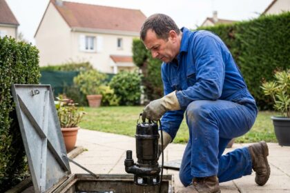 Technicien en overalls bleus inspectant une pompe dans un jardin