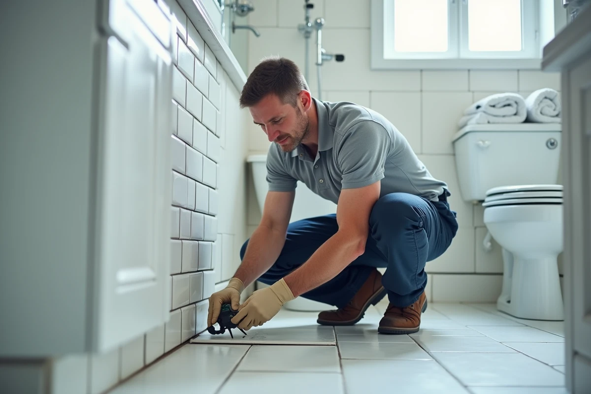 Technicien Wecassa inspectant les joints de carrelage dans une salle de bain résidentielle propre