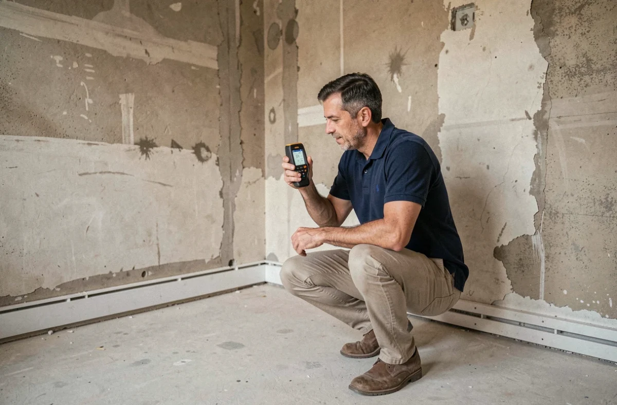 Homme utilisant un télémètre laser numérique pour mesurer les dimensions d'une pièce en rénovation