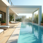 Terrasse de piscine moderne en été avec pergola et plantes