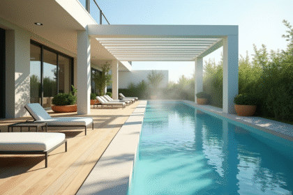 Terrasse de piscine moderne en été avec pergola et plantes