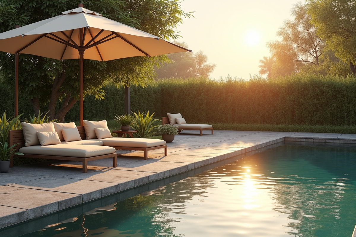 Terrasse de piscine au matin avec canapé et parasol élégant