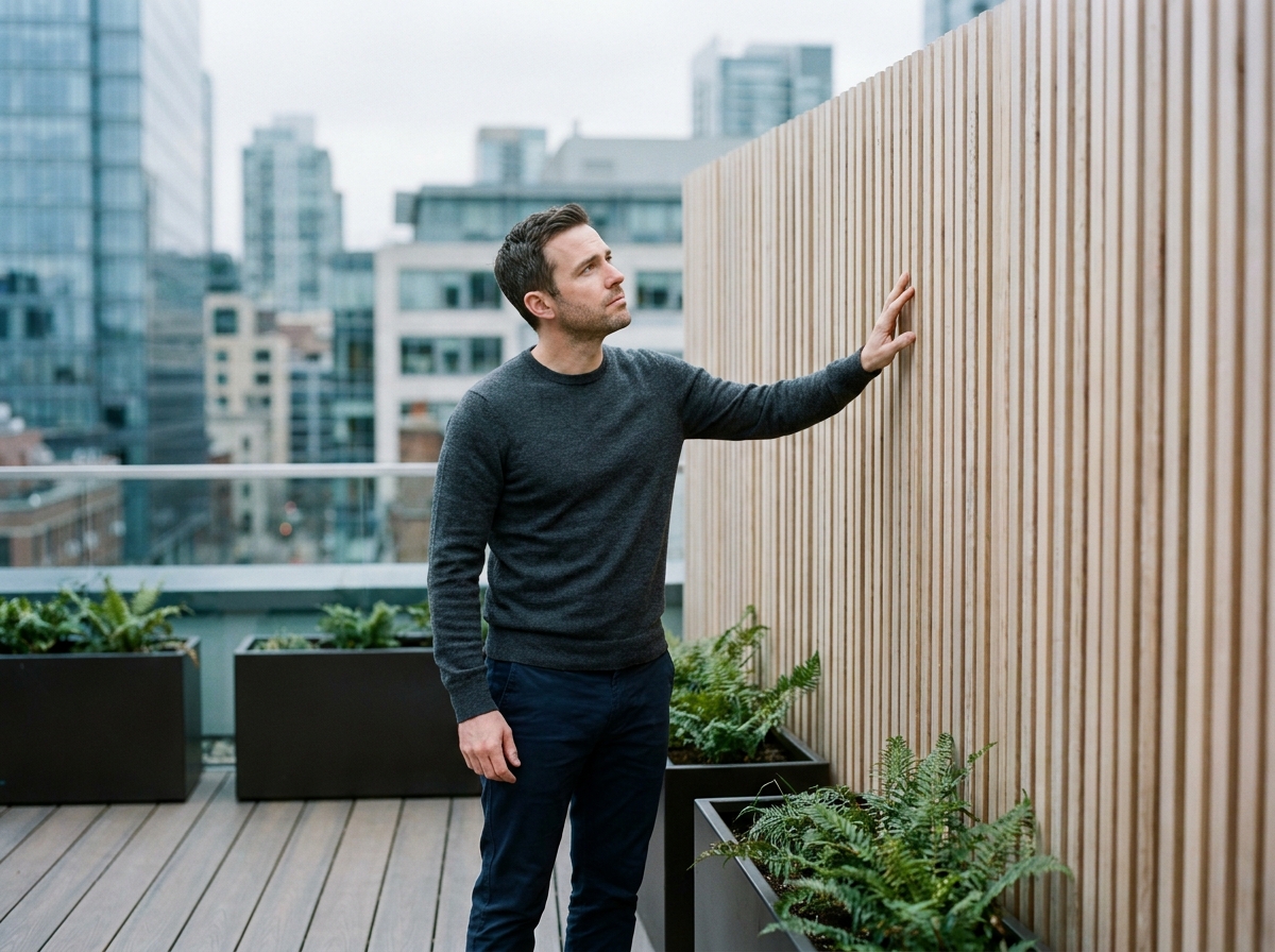 Homme inspectant des panneaux acoustiques en bois sur une terrasse de toit urbaine aménagée pour le confort visuel et sonore