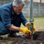 Électricien testant la résistance d'une prise de terre extérieure avec un testeur numérique jaune enfoncé dans le sol