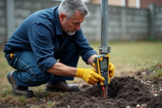 Électricien testant la résistance d'une prise de terre extérieure avec un testeur numérique jaune enfoncé dans le sol