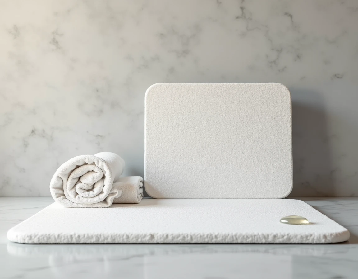 Gros plan sur la texture poreuse d'un tapis de bain en diatomite debout contre un mur en béton