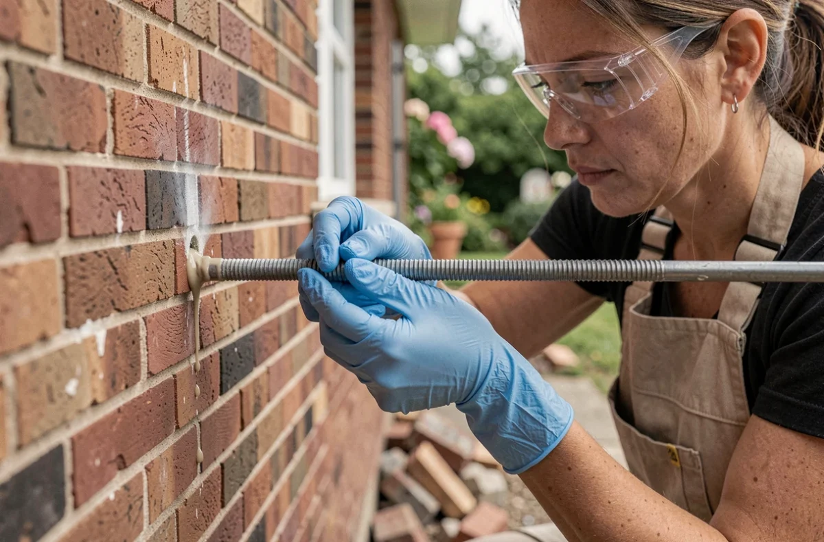 Femme bricoleur insérant une tige filetée dans un trou rempli de ciment chimique sur un mur en brique extérieur