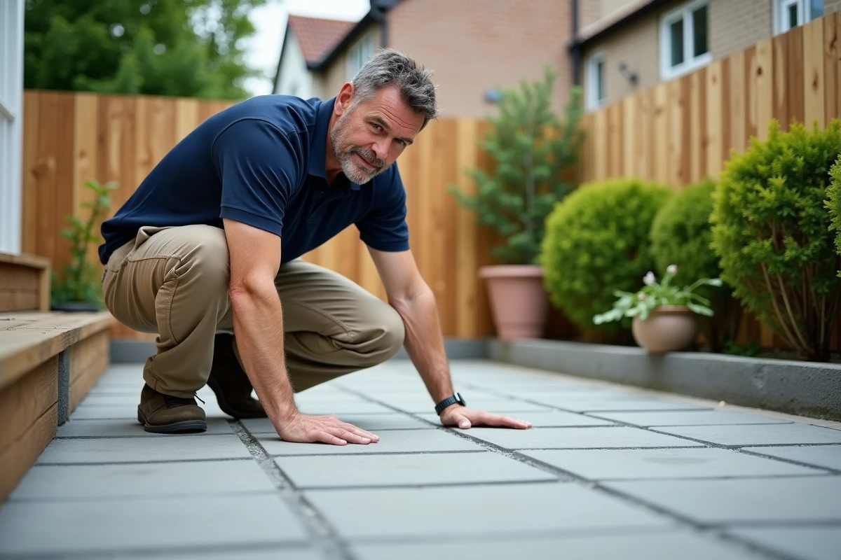 Homme inspectant des dalles de pierre dans un jardin résidentiel lors de travaux d'aménagement extérieur