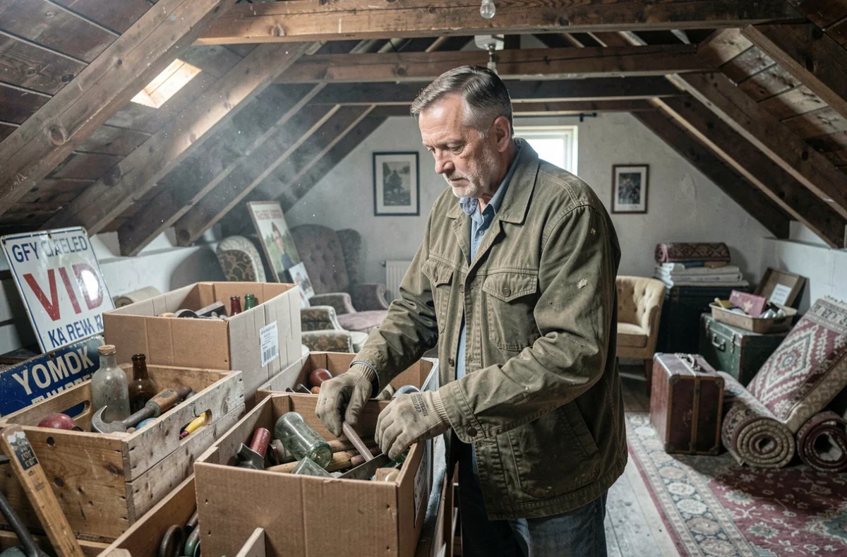 Homme triant des objets anciens dans un grenier en bois pour préparer une farfouille dans l'Ain