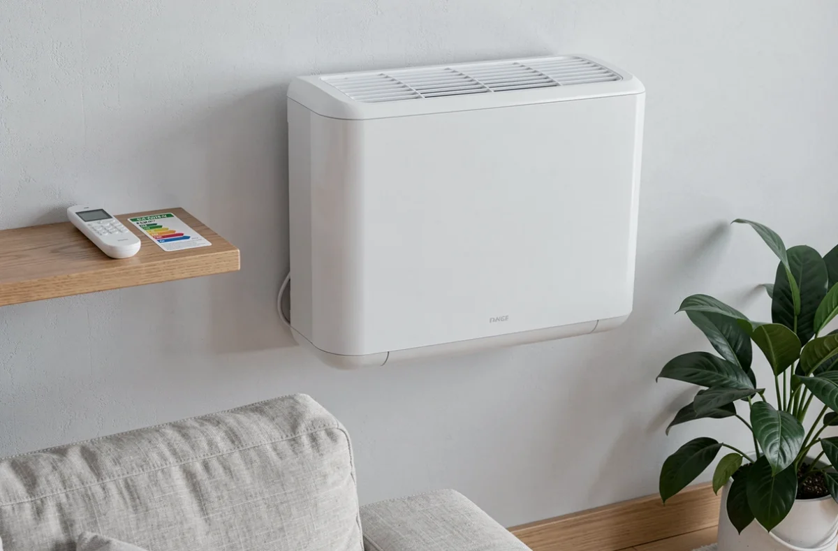 Unité intérieure de pompe à chaleur air-air installée dans un salon moderne avec étiquette énergie