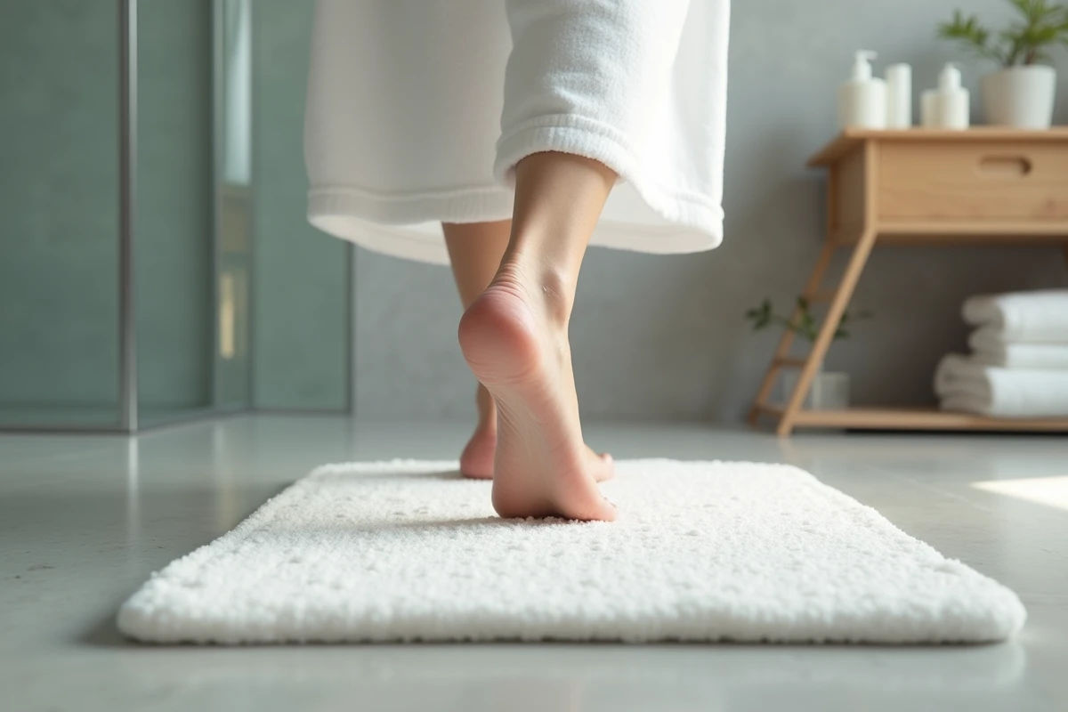 Femme en peignoir posant le pied sur un tapis en diatomite après la douche, gouttelettes d'eau visibles